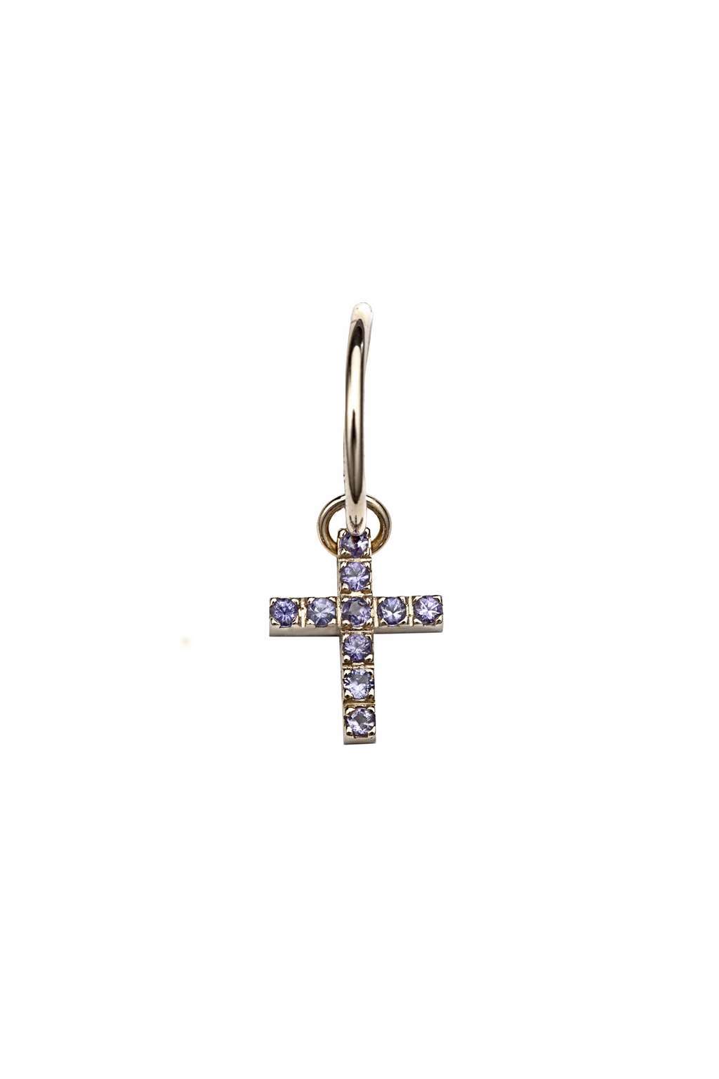 The Cross with Lilac Sapphires - 18K yellow gold hoop earrings and a cross charm with lilac sapphires