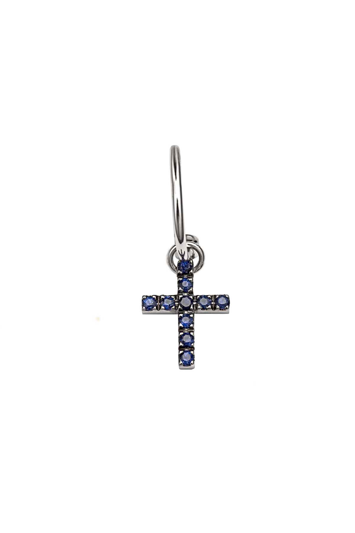 The Cross with Blue Sapphires - 18K white gold hoop earrings and a cross charm with blue sapphires