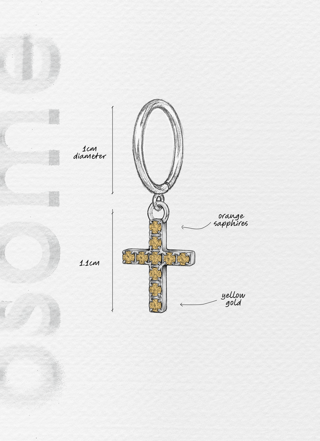 The Cross with Orange Sapphires - 18K yellow gold hoop earrings and a cross charm with orange sapphires