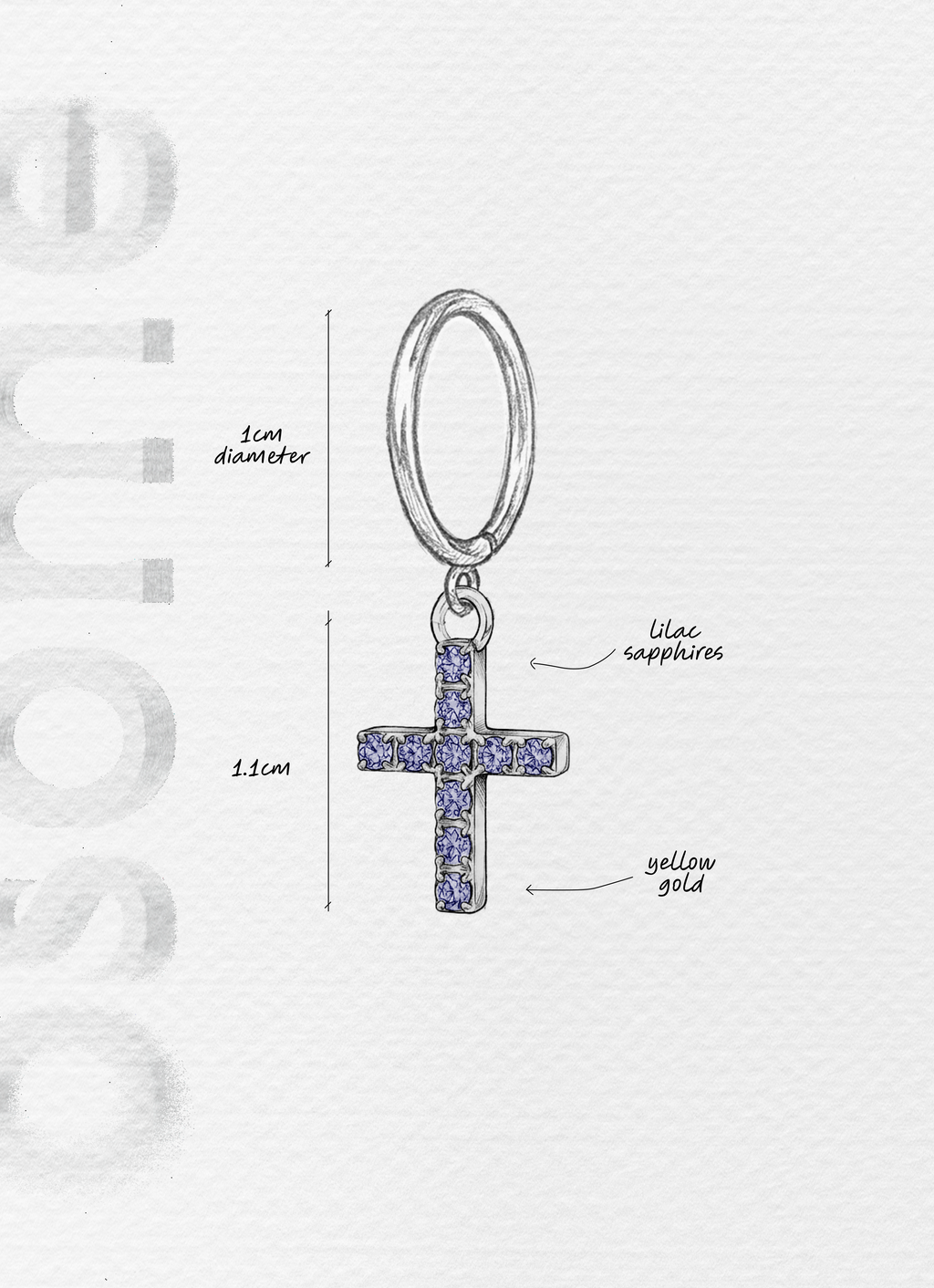The Cross with Lilac Sapphires - 18K yellow gold hoop earrings and a cross charm with lilac sapphires