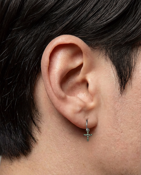The Cross with Tsavorite - 18K yellow gold hoop earrings and a cross charm with tsavorite